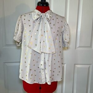 Harve Benard Short Puff Sleeve Tie Neck Button Down Blouse Women’s Medium